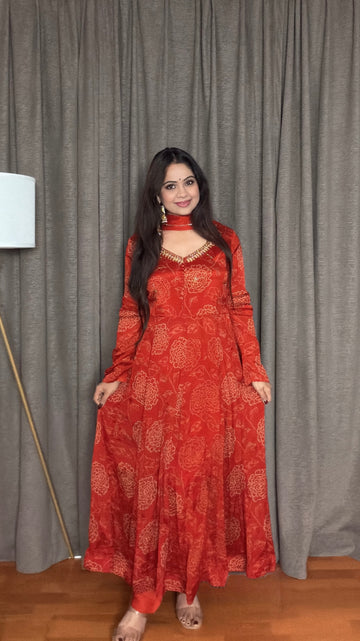 Chand – Rust Orange Chinon Silk Printed Anarkali Set