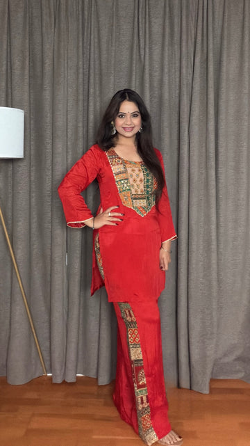 Reha – Rust Orange Chinon Silk Printed & Embroidered Co-ord Set