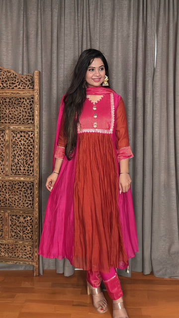 Pink Rust Mulmul Chanderi suit which