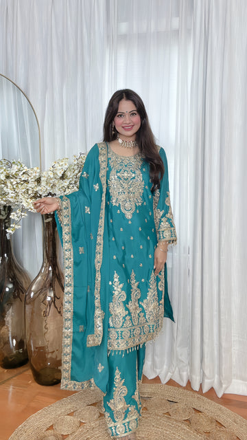 Zaiba Teal Zari Palazzo Ensemble