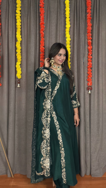 Inaya – Emerald Green Dola Silk Angrakha Anarkali Set