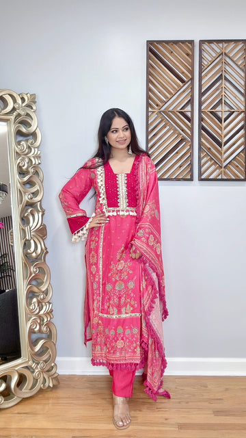 Elegant Muslin Silk Suit with Mirror Work & Tassels