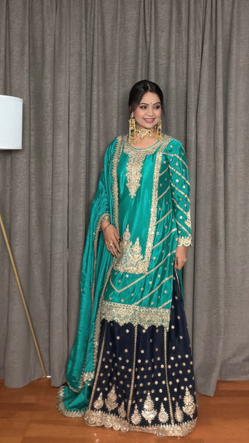 Aamira – Real Green & Navy Blue Chinon Silk Mirror Embroidered Lehenga Suit