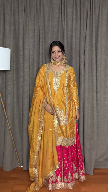 Suhana – Yellow & Pink Chinon Silk Mirror Embroidered Lehenga Suit