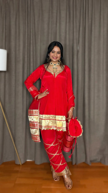 Karva Red short Anarkali Set