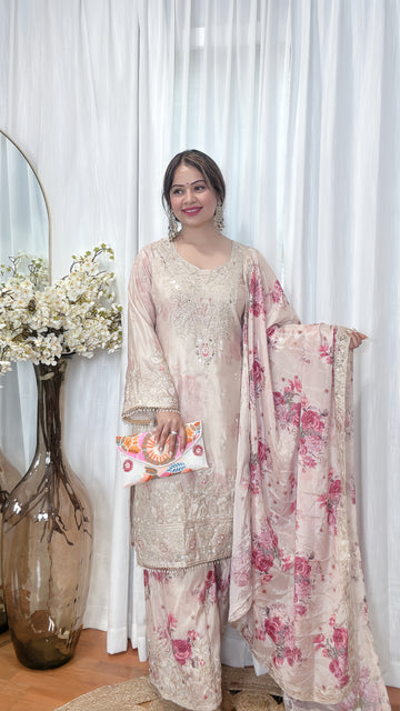 Ivory Bloom – Chinon Silk Pakistani Palazzo Suit