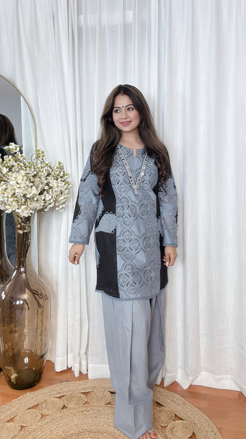Grey-Black Cotton 2-Piece Farshi Set