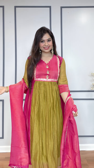 Green Pink Mulmul Chanderi suit
