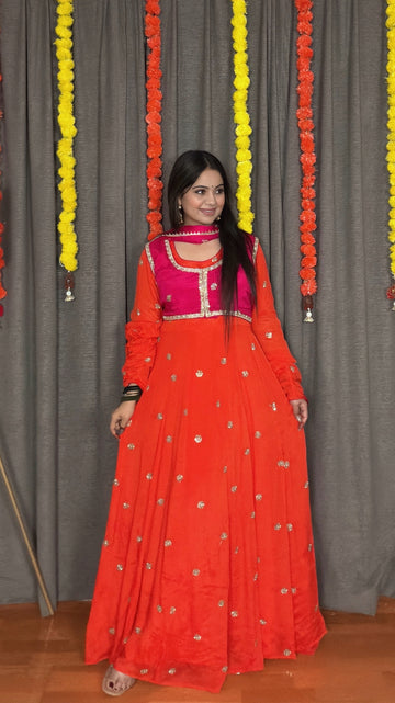 Amaira – Orange & Pink Chinon Silk Gown Set