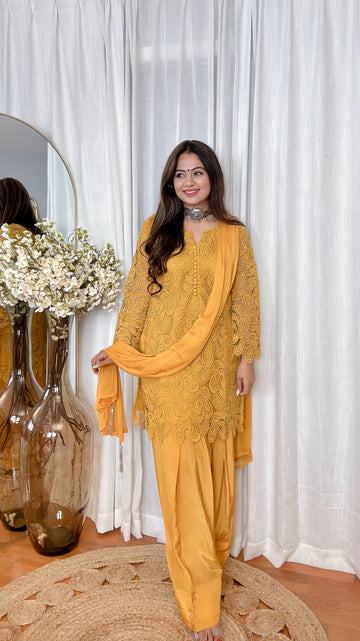 Yellow Crochet Farshi Salwar Suit