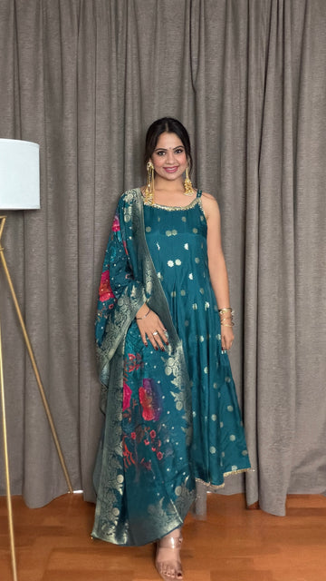 Teal Bloom – Dola Silk Anarkali Suit