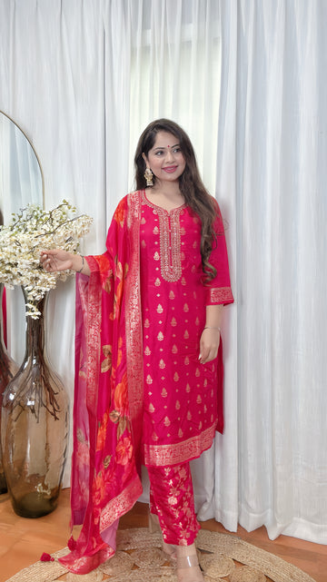 Pink Dola Silk Zari Woven Suit with Brocade Pants