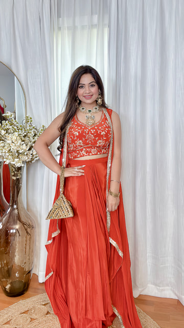 Rust Indo Fusion Draped Skirt & Crop Top Set