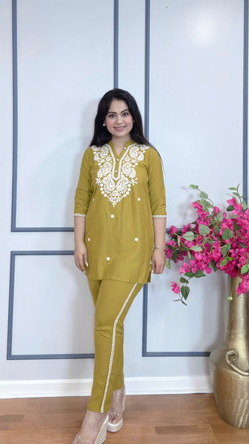 Rayon Cotton Co-ord Set With Thread Embroidery