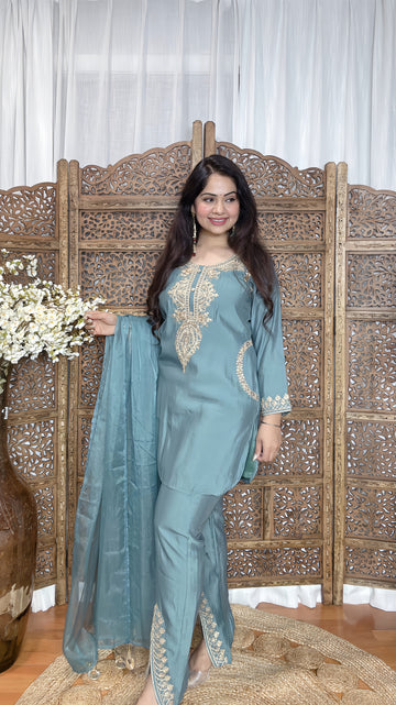 Muslin Silk Embroidered Suit with Pockets