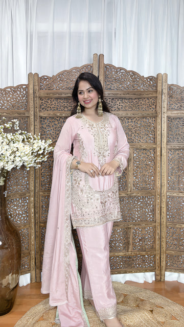 Chinon Silk Suit with Zari & Sequins Embroidery