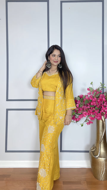 Indo-Western Trio Set – Crop Top, Palazzo & Shrug