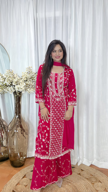 Chinon Silk Hand Embroidered Suit – Palazzo & Chiffon Dupatta