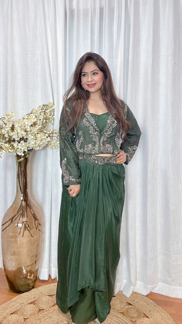 Indo-Western Elegance Set – Pre-Draped Skirt, Top & Shrug