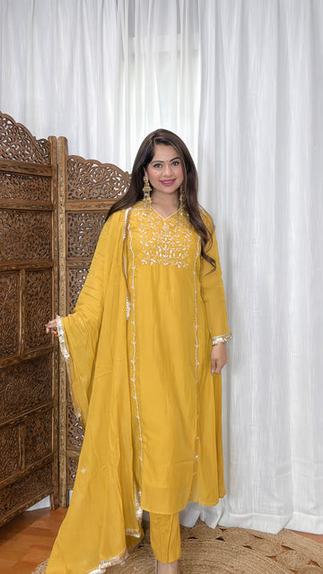 Banarasi Mulmul Chanderi Silk Suit with Gotta Patti Handwork