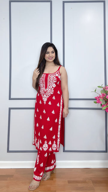 Elegant Rayon Cotton Chikankari Kurta Pant Set