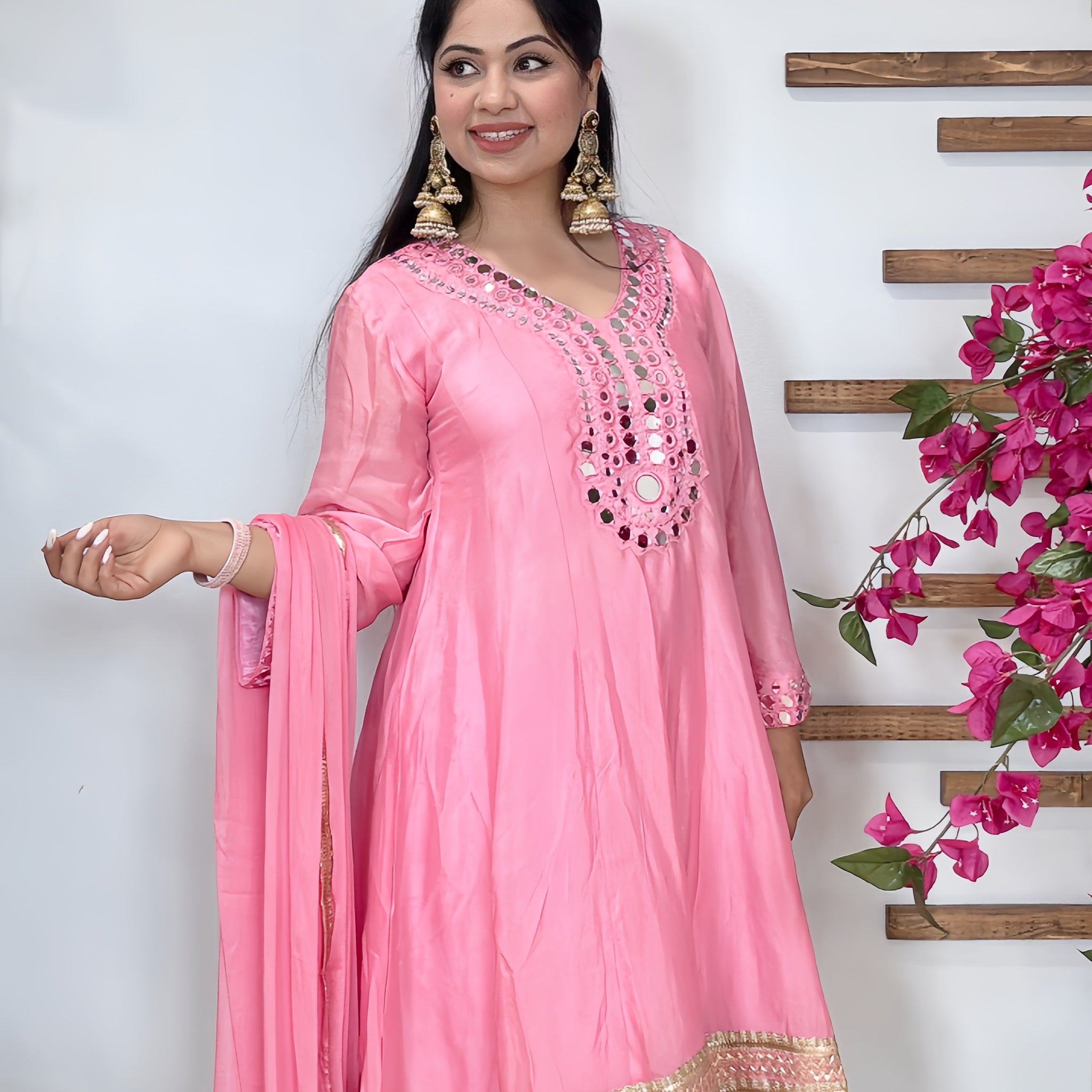 Pink mirror Anarkali suit