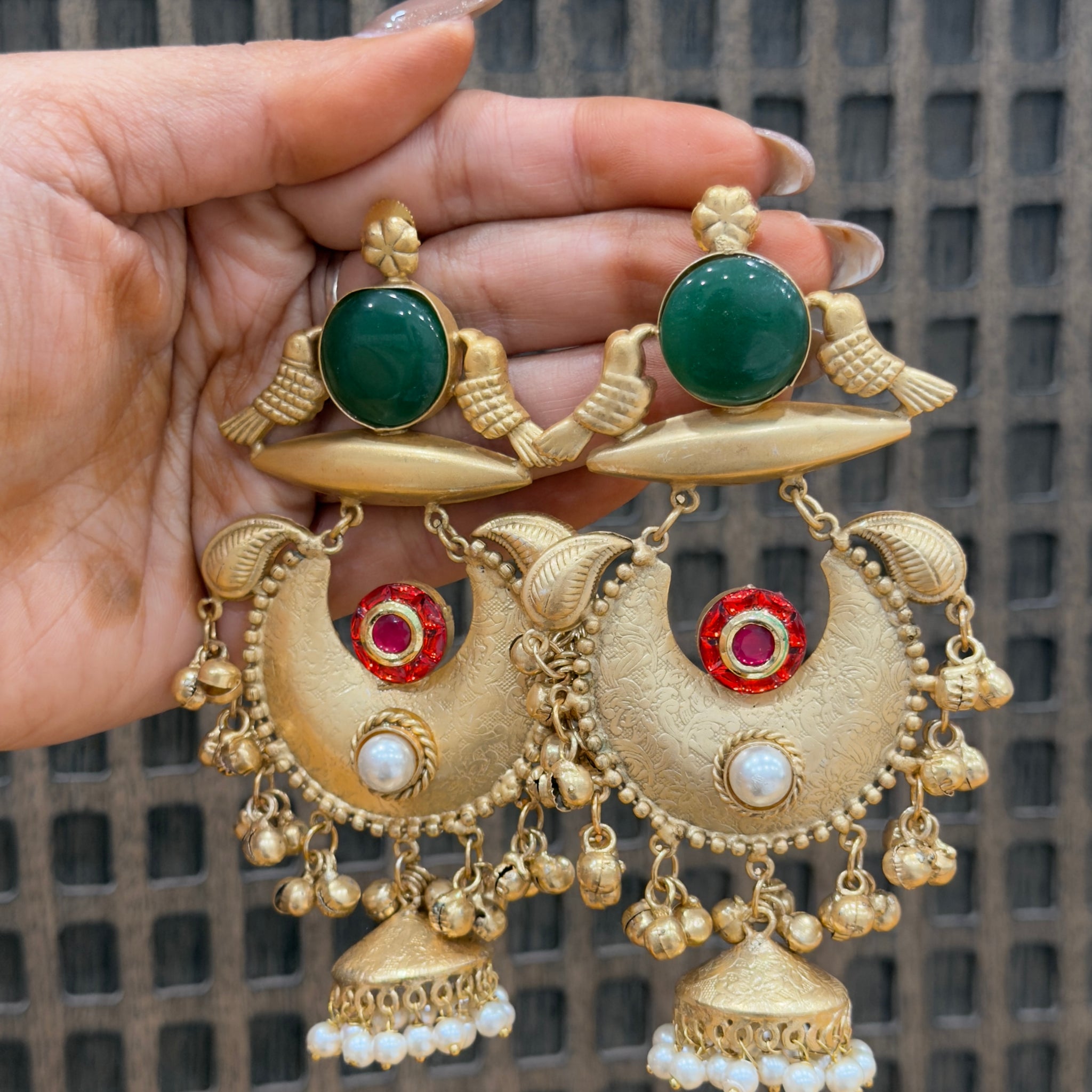 Devika Brass Crescent Jhumka Earrings