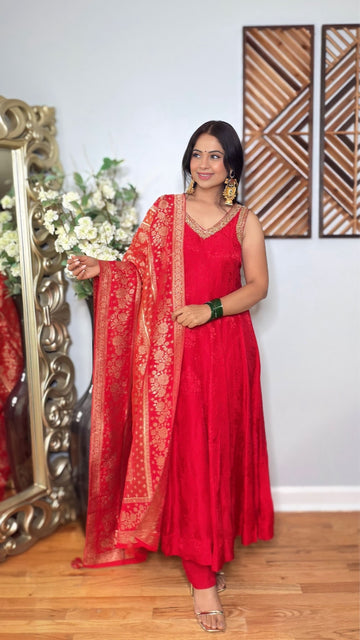 Ruhani Red Banarasi Anarkali