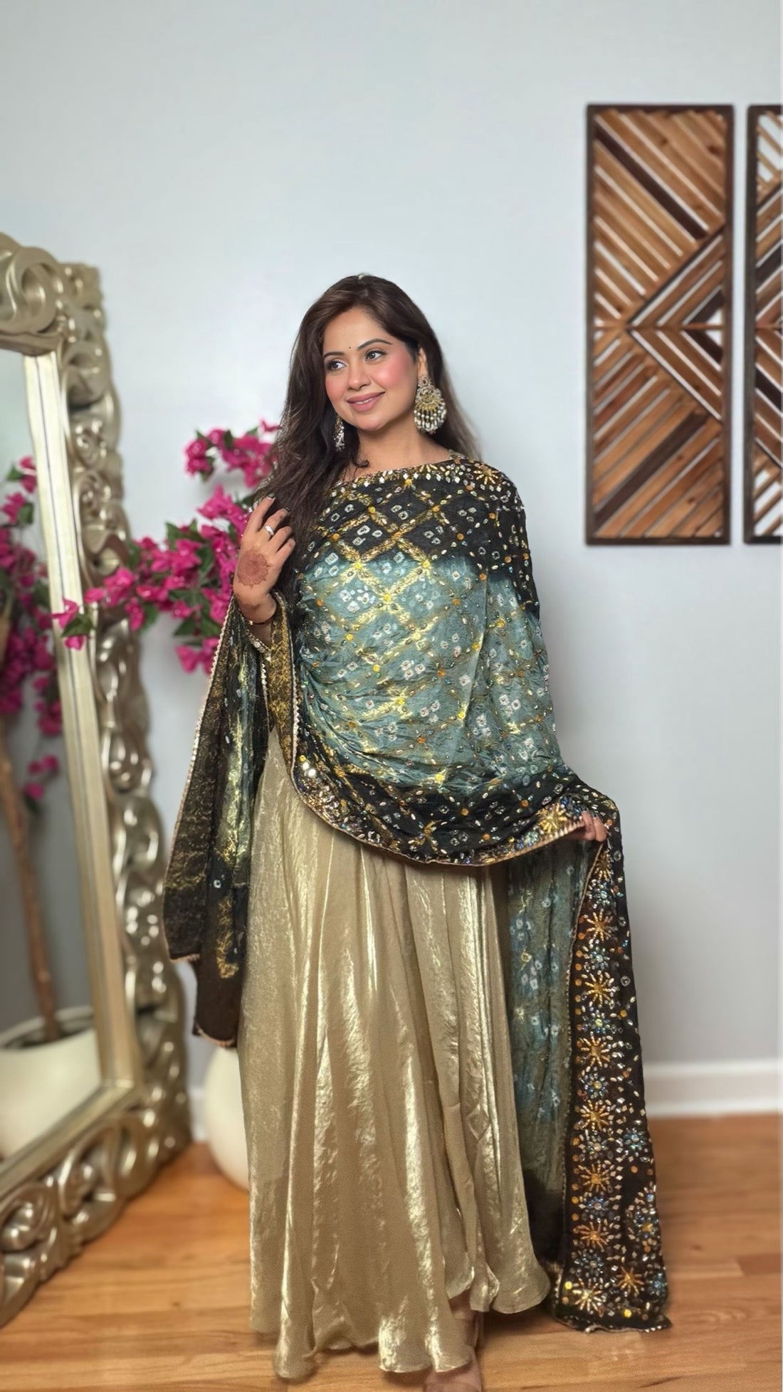 Mayukhi Grey & Black Gharchola Mirror Work Dupatta