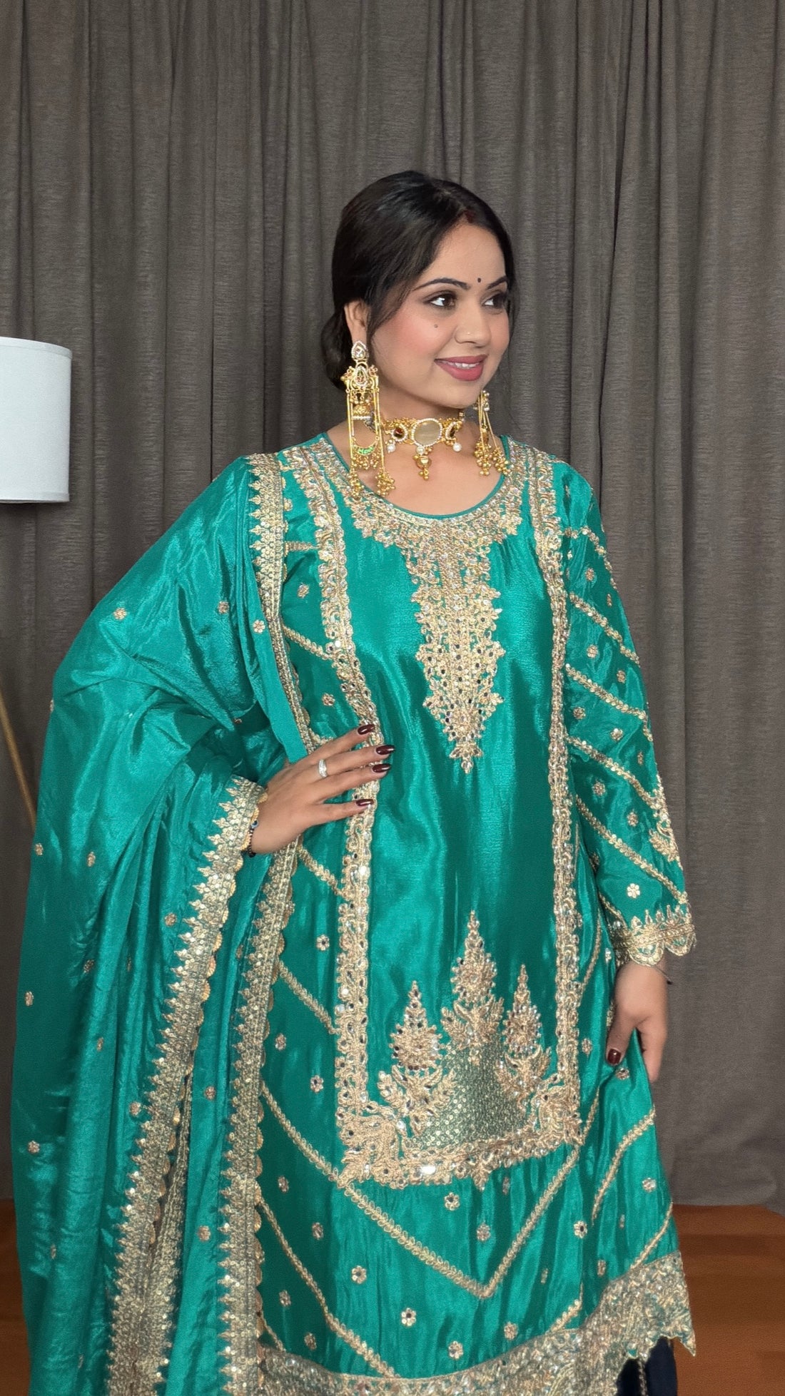 Aamira – Real Green & Navy Blue Chinon Silk Mirror Embroidered Lehenga Suit