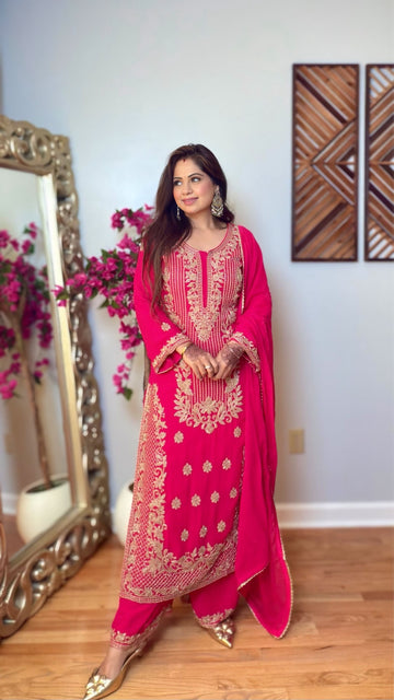 Ojasmika – Rani Pink Embroidered Georgette Suit