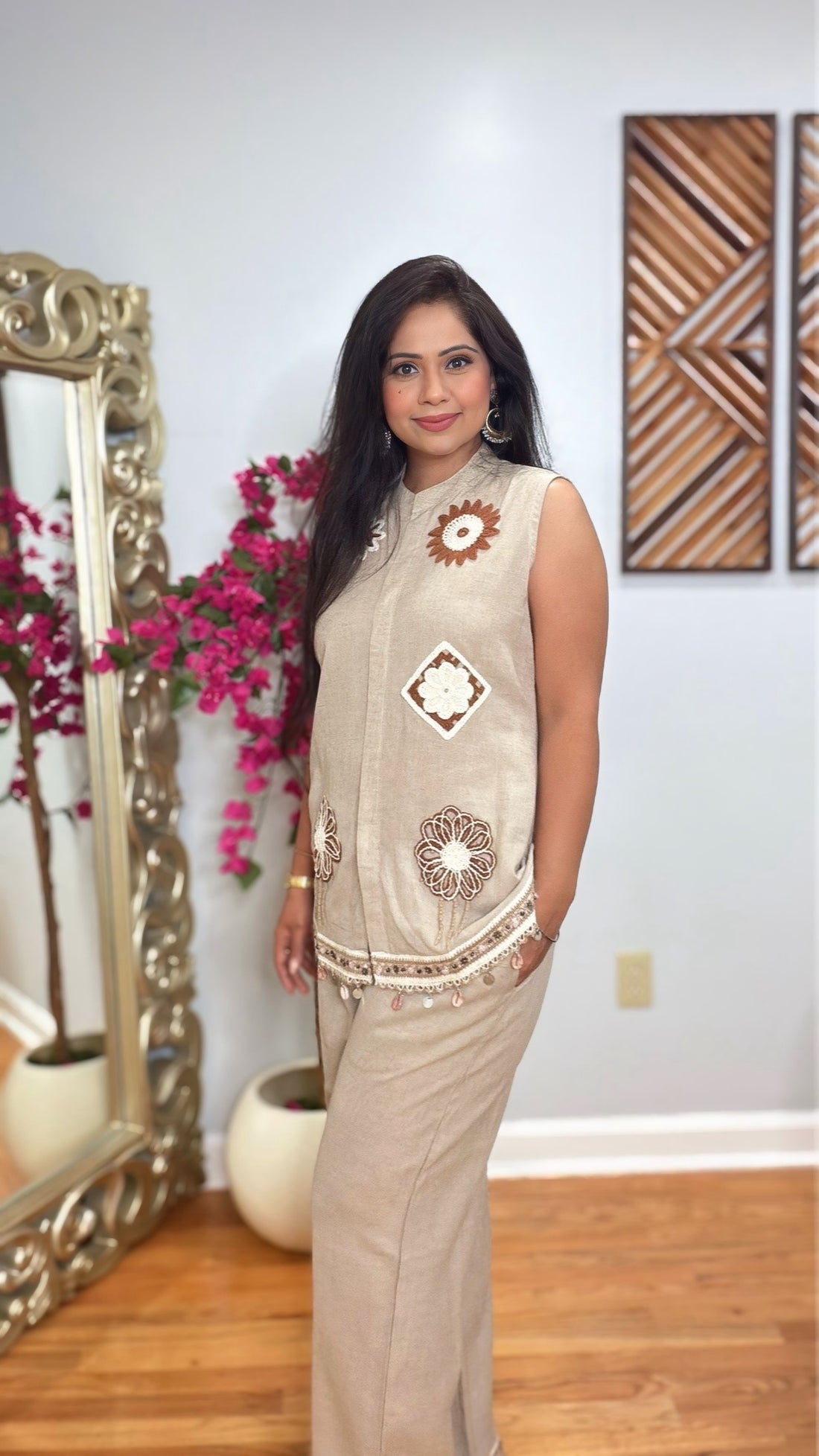 Nivah Beige Linen Cotton Cord Set