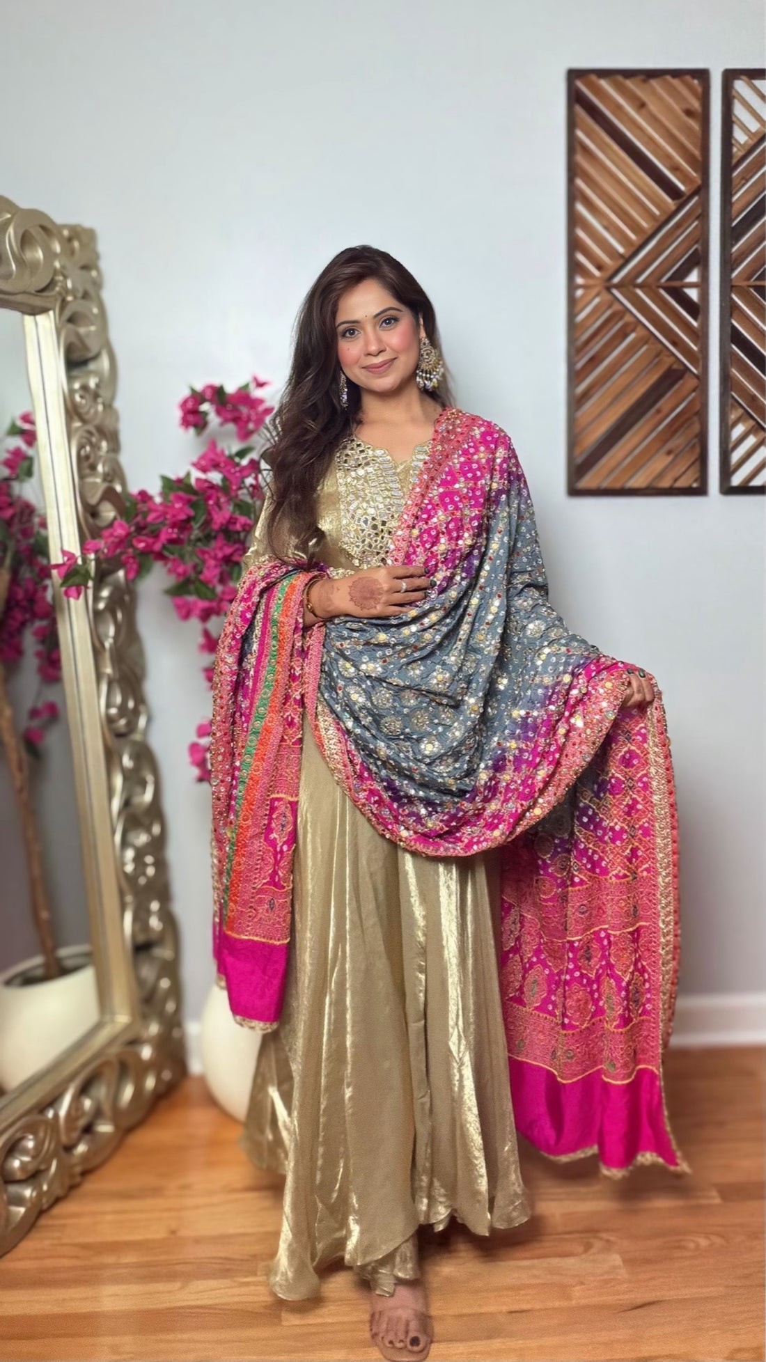 Rangpriya Gharchola Mirror Work Dupatta – Blue Grey & Rani Pink