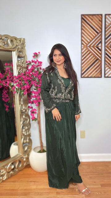 Indo-Western Elegance Set – Pre-Draped Skirt, Top & Shrug