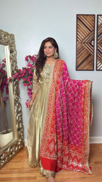 Rangketu Gharchola Mirror Work Dupatta – Rani Pink & Orange