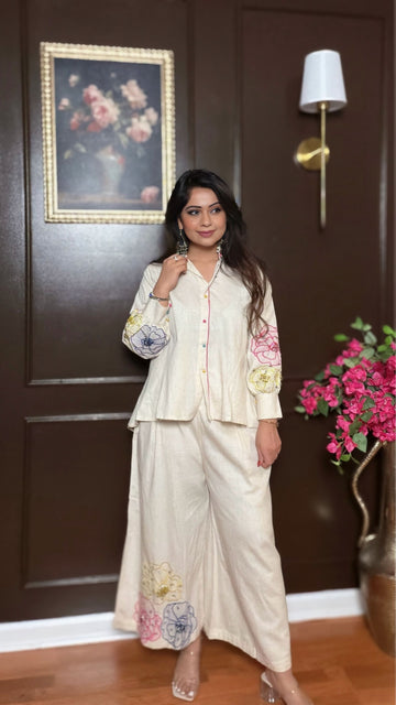 ELORA-Linen Cotton Embroidered Co-ord Set