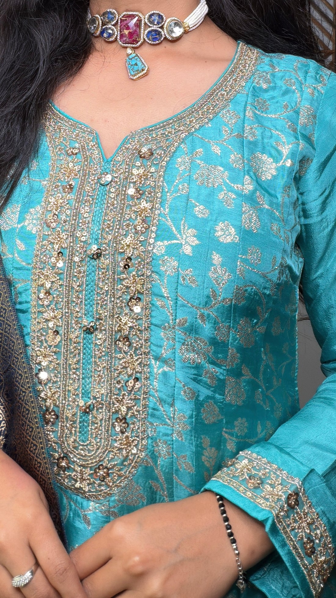 Mehera Blue Banarasi Anarkali Suit