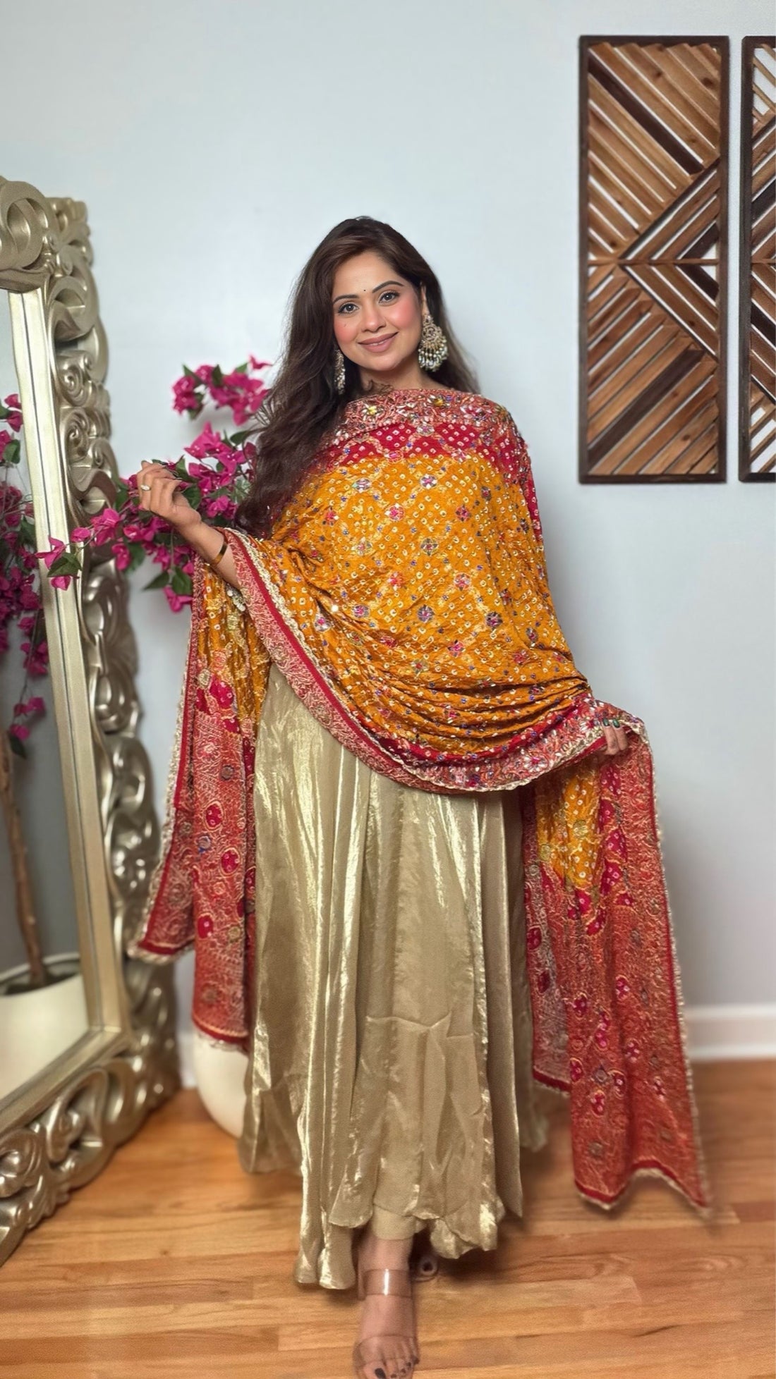 Suvanshi Gharchola Mirror Work Dupatta – Mustard Yellow & Red