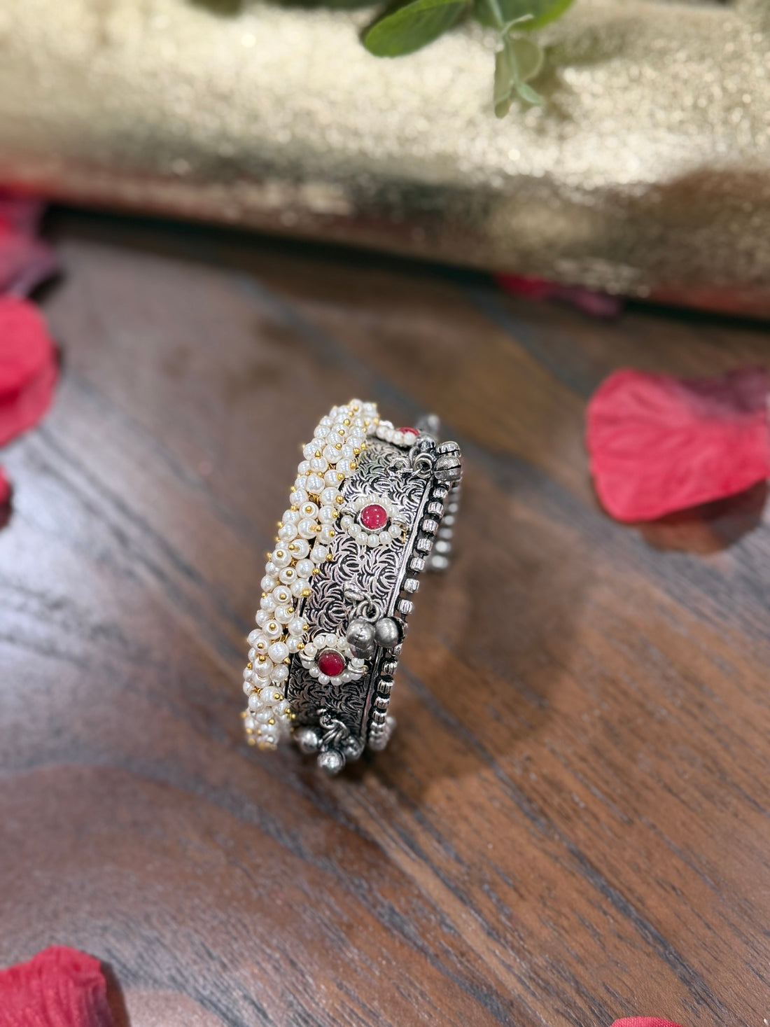 Tara Oxidized Pearl & Ruby Handcuff