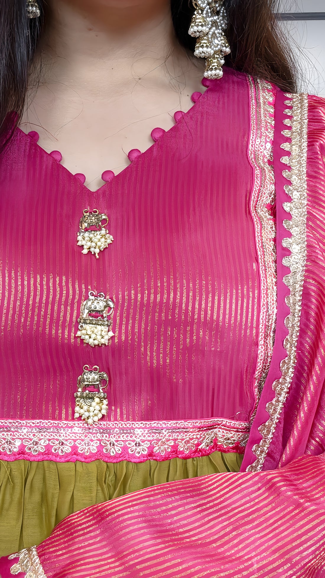 Green Pink Mulmul Chanderi suit