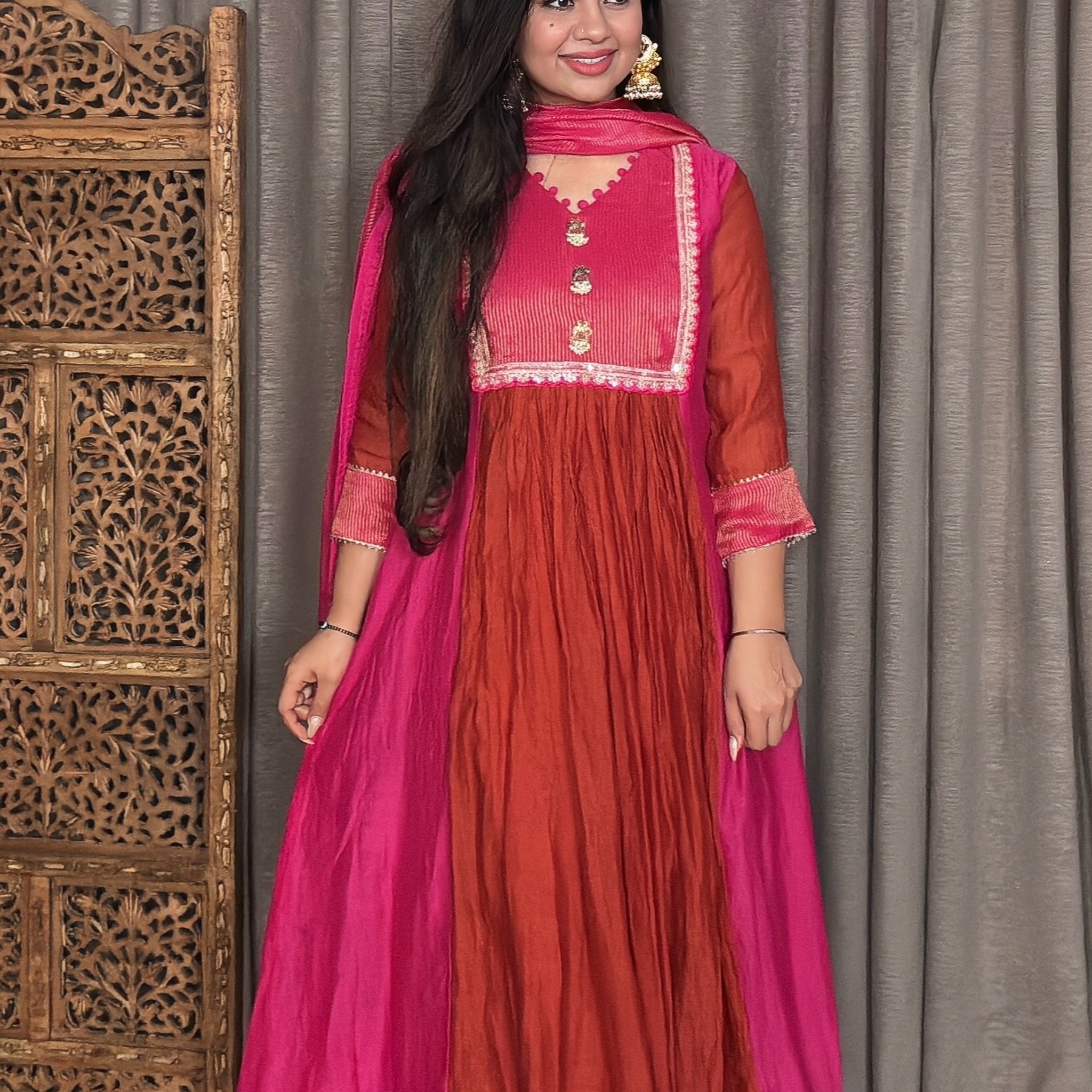 Pink Rust Mulmul Chanderi suit which