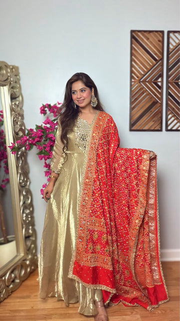 Arunika Gharchola Mirror Work Dupatta – Coral Orange