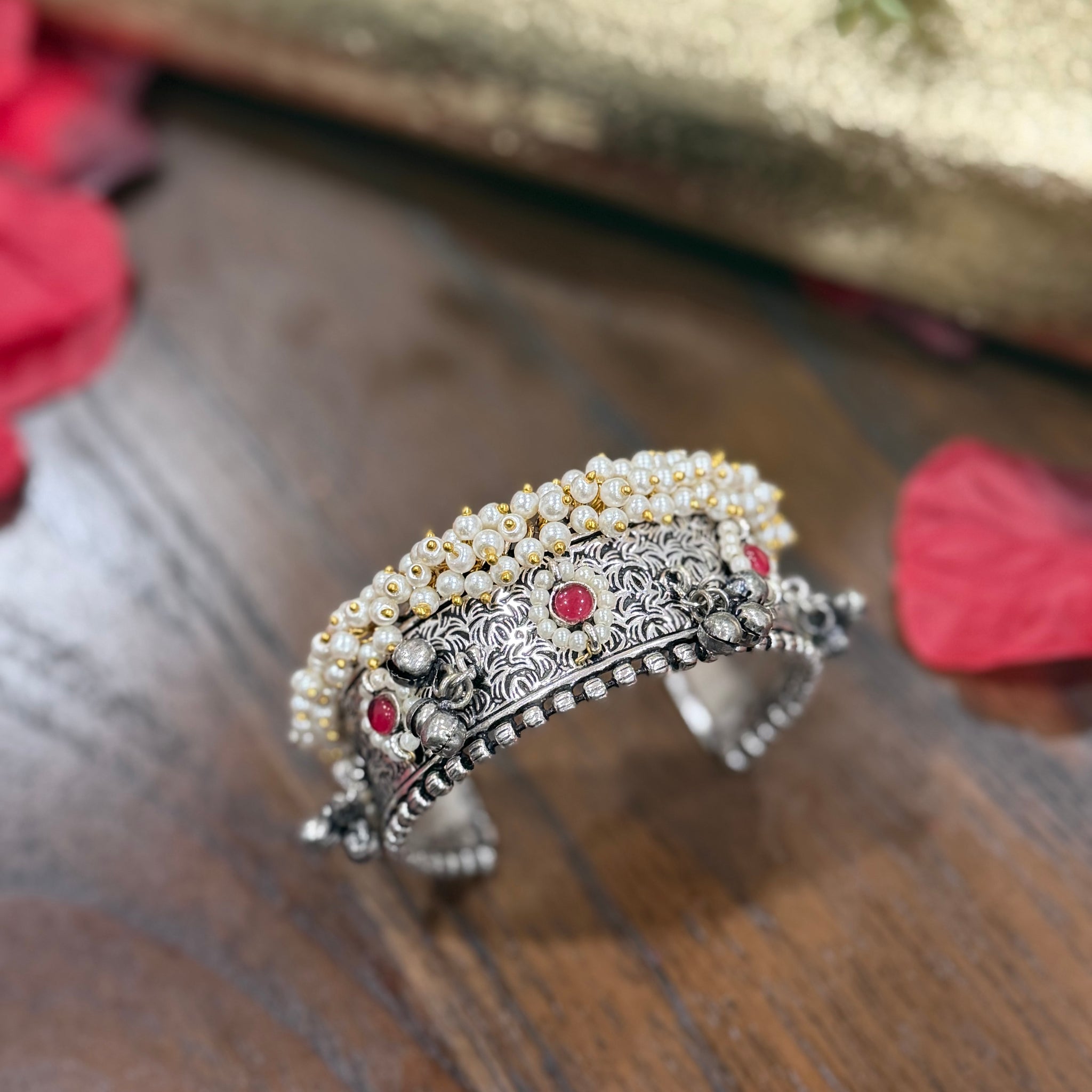 Tara Oxidized Pearl & Ruby Handcuff