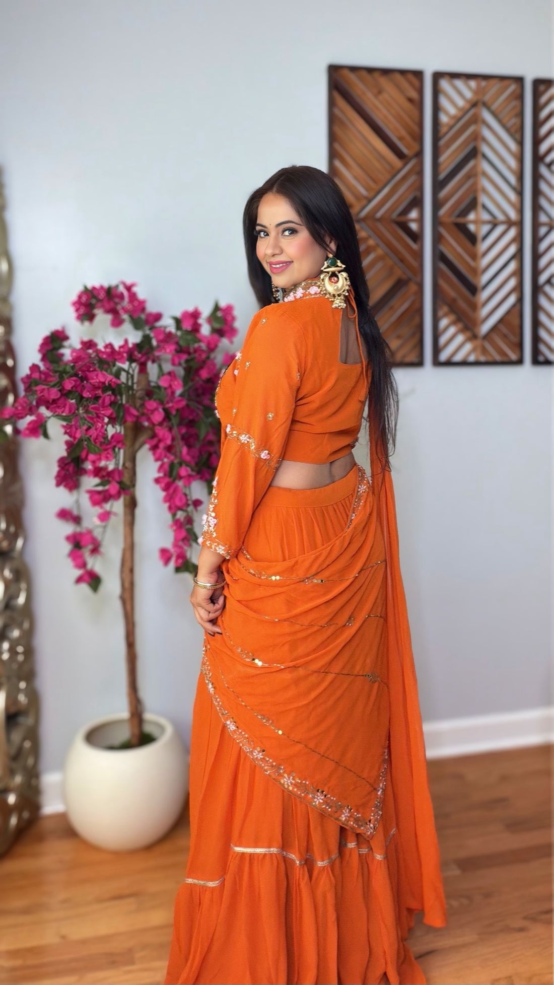 Kritvi – Burnt Orange Georgette Lehenga Saree