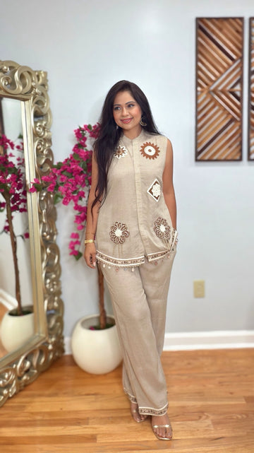 Nivah Beige Linen Cotton Cord Set