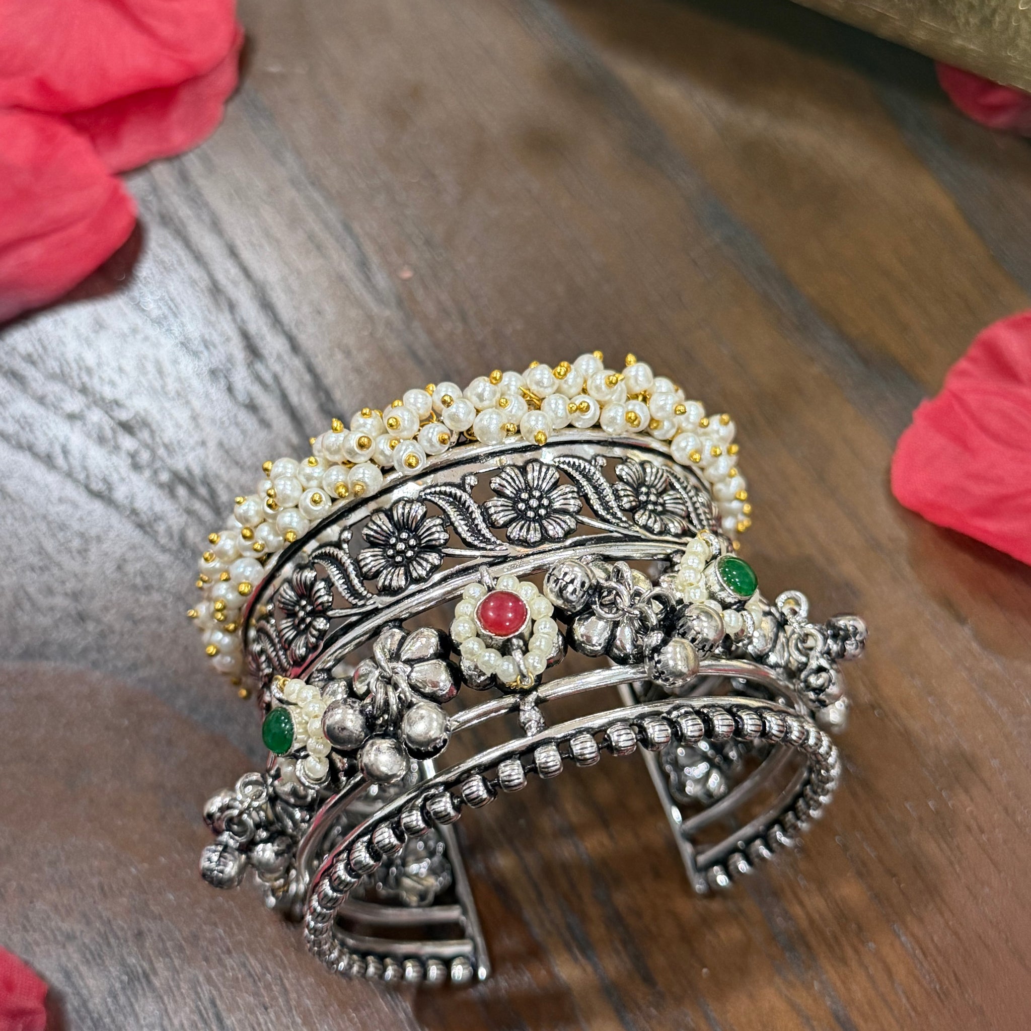 Charvi Oxidized Floral Pearl Handcuff