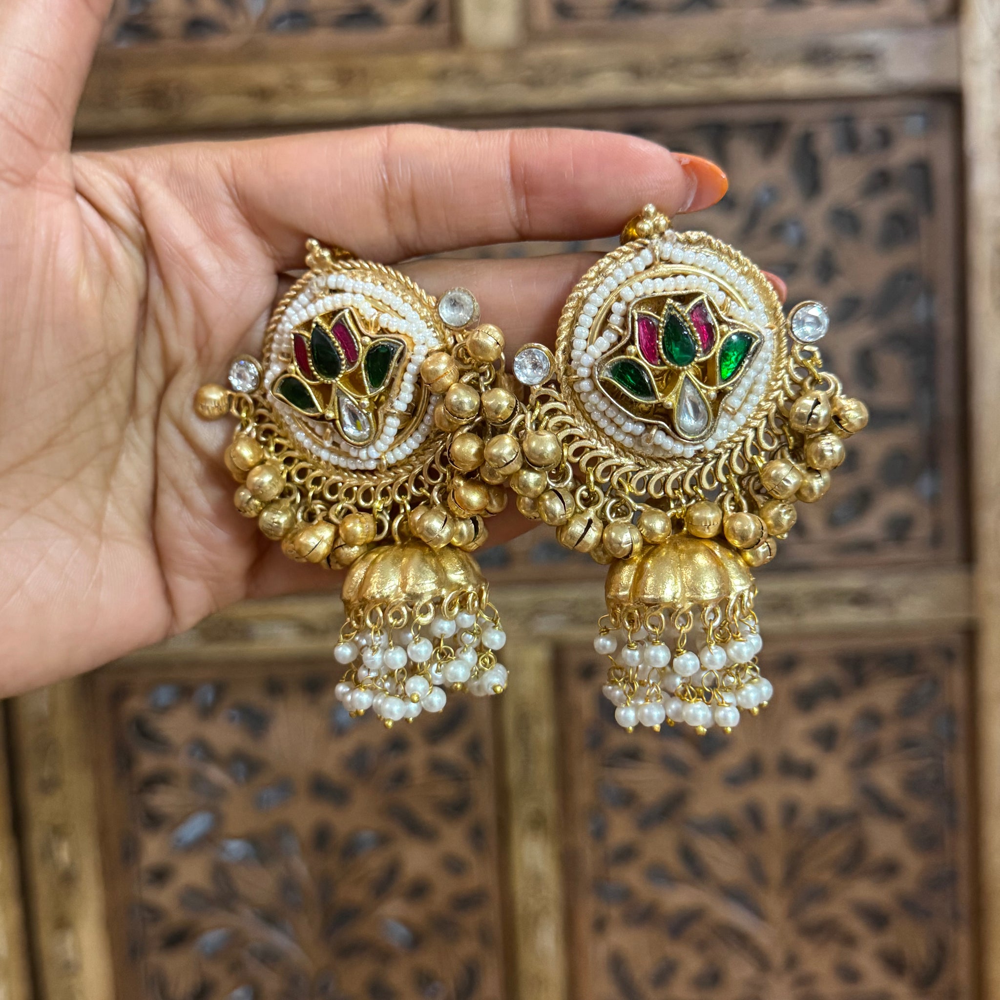 Anshika Lotus Pearl Brass Jhumka Earrings