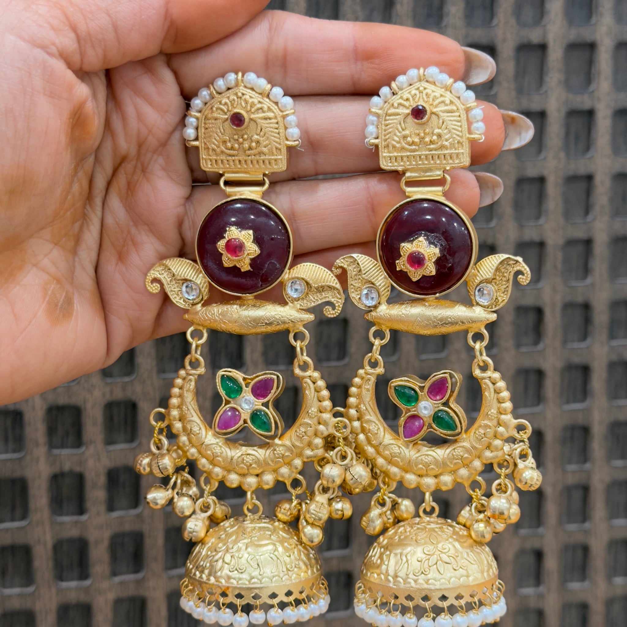 Aarvika Brass Stone Jhumka Chandbalis