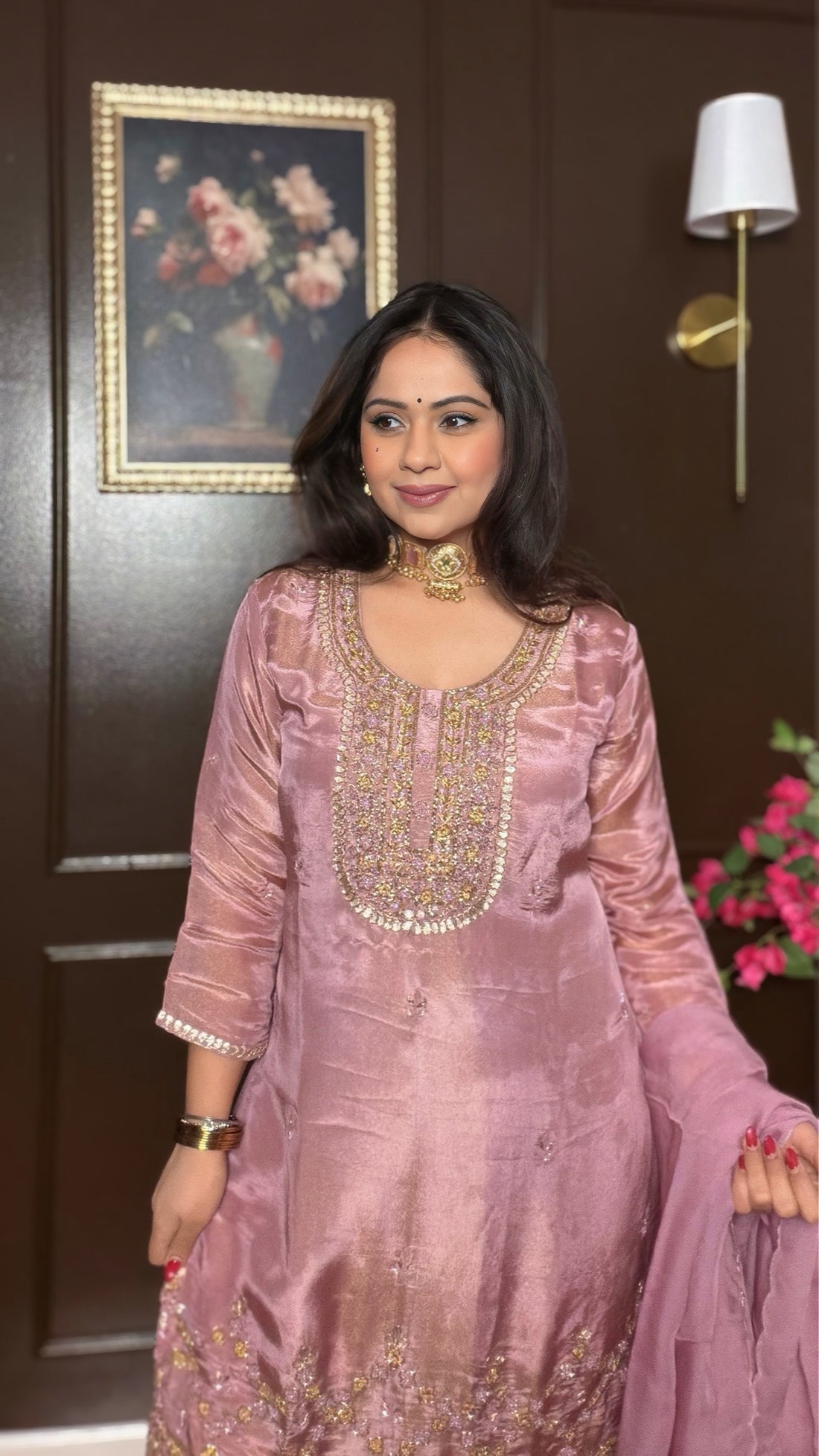AYNARA-Tissue Shimmer Embroidered Sharara Suit