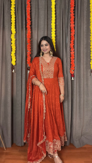 Aaira – Rust Orange Georgette Schiffli Anarkali Set